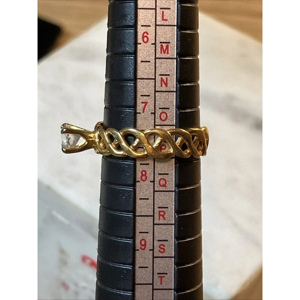VTG Gold Tone Woven Band Solitaire Ring Round White Clear Stone Engagement 7.5